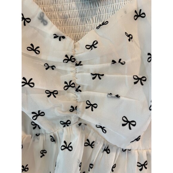 Arula Womens Ivory/Black Puff Sleeve Top With Bow Print Size 2X Polyester Blend - Picture 6 of 9